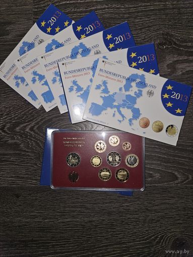 Германия 2013 год 5 наборов разных монетных дворов A D F G J. 1, 2, 5, 10, 20, 50 евроцентов, 1 евро и 2х2 юбилейных евро. Официальный набор PROOF монет в упаковке.