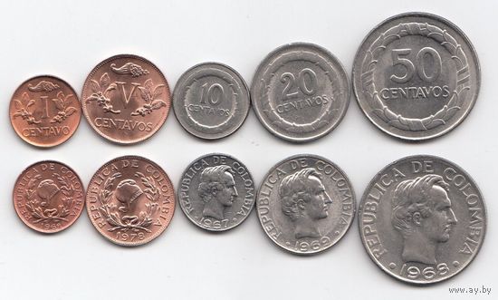 Колумбия Набор 5 монет 1967 - 1978 UNC