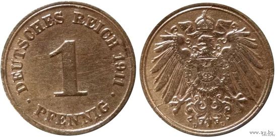 YS: Германия, Рейх, 1 пфенниг 1911D, KM# 10 (2)
