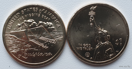 США 1 доллар 2023 Американские инновации Лодка Хиггинса Луизиана Двор D и Р 19-я монета в серии.