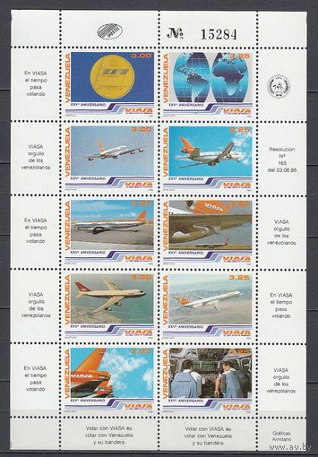 Авиация. Венесуэла. 1986. 1 малый лист (полная серия). Michel N 2347-2356 (15,0 е)