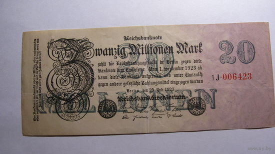 Германия Ro96с 20 миллионов марок 1923 (6 цифр в номере. Серия - чёрный цвет  цвет )  Редкость