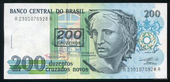 Бразилия 200 крузейро 1990 г. Надпечатка. P225b. Серия 2301. UNC