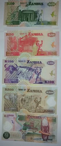 Замбия, комплект бон 2007 года, полимер, 20, 50, 100, 500, 1000 квача