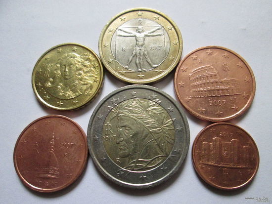Набор евро монет Италия 2007 г. (1, 2, 5, 10 евроцентов, 1, 2 евро)