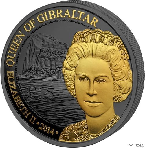 RARE Гибралтар 15 фунтов 2014г. Golden Enigma Premium: "Королева Елизавета". Монета в капсуле; подарочном футляре; номерной сертификат. СЕРЕБРО 31,10гр.(1 oz).