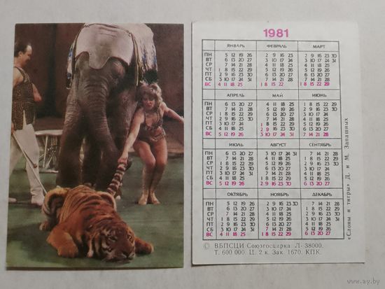 Карманный календарик. Цирк. Слоны и тигры. Д. и М.Запашных. 1981 год