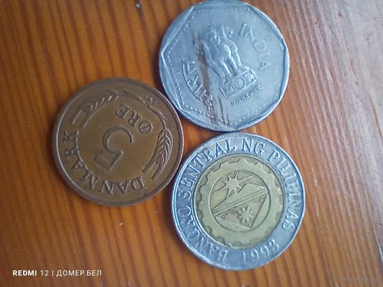 Филлипины 10 песо 2002, Дания 5 оре 1963, Индия 1 рупия 1984-24
