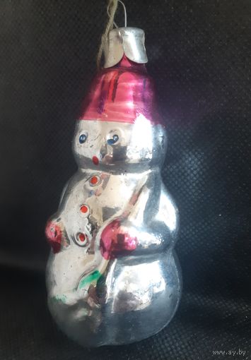 Игрушка ёлочная Снеговик с метлой, стекло. СССР