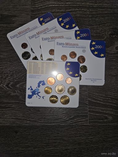 Германия 2004 год 5 наборов разных монетных дворов A D F G J. 1, 2, 5, 10, 20, 50 евроцентов, 1, 2 евро. Официальный набор BU монет в упаковке.