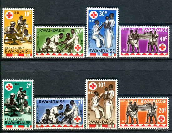 Руанда - 1963г. - Красный крест - полная серия, MNH, 3 марки с отпечатками на клее [Mi 44-51] - 8 марок
