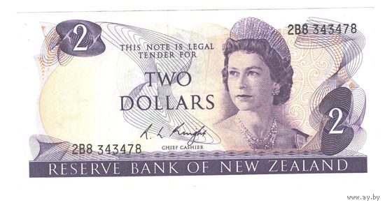 Новая Зеландия 2 доллара 1975 года. Тип P 164c. Подпись Knight. Состояние XF
