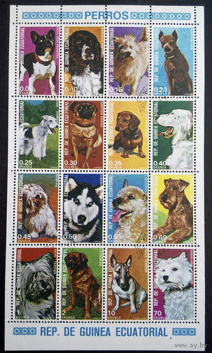 Экваториальная Гвинея 1977 г. Собаки. Фауна, полная серия из 16 марок, сцепка #0165-Ф1