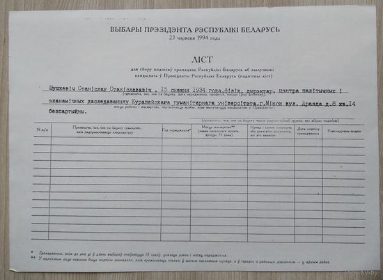 Подписной лист, Выборы Президента Республики Беларусь 1994 г.