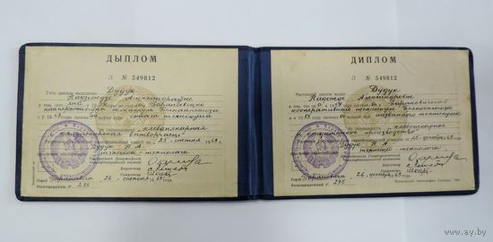 Диплом за окончание кооперативного техникума. г. Барановичи. 1963г.