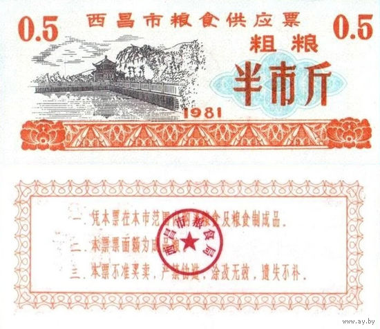 Китай Рисовые деньги, Продуктовый купон 0,5 провинция Цзянсу 1981 UNС П2-159