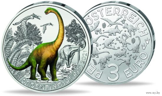 3 Евро Австрия 2021. 9-я из 12-ти монет Серия "Супер Динозавры" Аргентинозавр /Argentinosaurus/ - самое большое травоядное. Цветная светящаяся монета