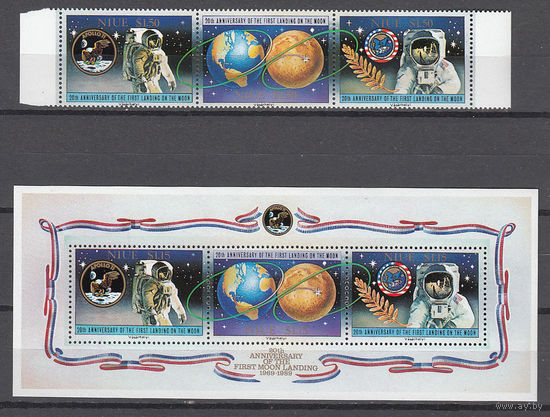 Космос. Аполлон 11. Ниуе. 1989. 3 марки и 1 блок (полная серия). Michel N 742-744, бл144 (31,0 е).