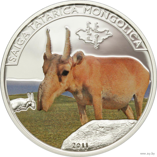 Монголия 500 тугриков 2011г "Сайга". Монета в капсуле; подарочном футляре; сертификат; коробка. СЕРЕБРО 25гр.