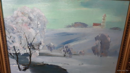 Большая картина в раме Зимний пейзаж живопись масло 1980-е гг