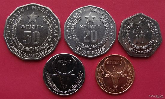 Мадагаскар. набор 5 монет 1, 2, 10, 20, 50 франков 1999 - 2004 года