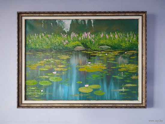 Картина интерьерная, холст масло, пруд, лилии, кувшинки. 50 х 70 см