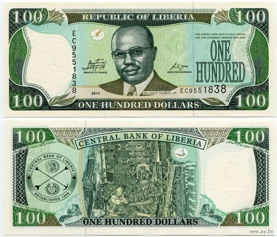 Либерия. 100 долларов (образца 2011 года, P30g, с CBL, UNC)