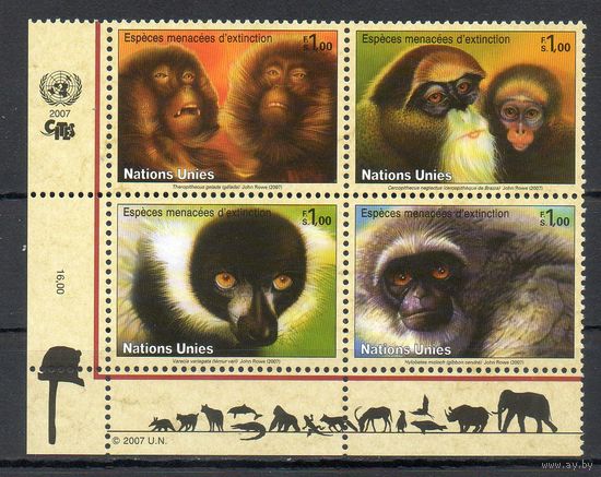 Защита животных Приматы ООН (Вена) Австрия 2007 год серия из 4-х марок в сцепке