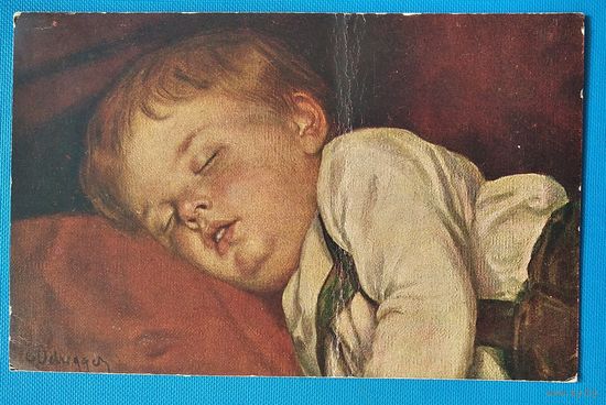Спящий мальчик. Старинная немецкая открытка. Подписана.