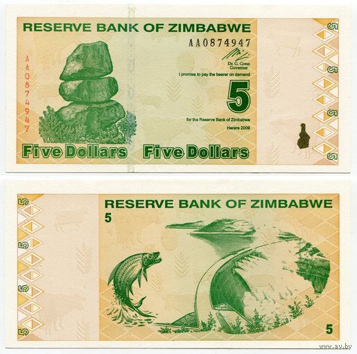 Зимбабве. 5 долларов (образца 2009 года, P93, UNC)