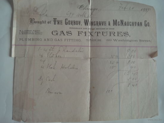 Винтажная Счет-фактура газовой компании The Gorboy,Wingrave & McNaughtan Co.Чикаго.1889 год.
