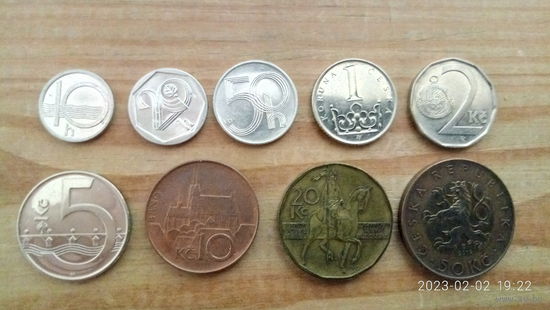 Чехия. Комплект монет 9 шт. (10, 20, 50 геллеров, 1, 2, 5, 10, 20, 50 крон).