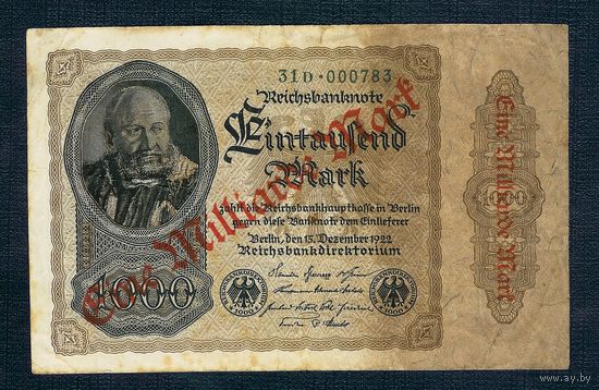 Германия, 1000 марок 1922 год. (с надпечаткой 1 миллиард марок)