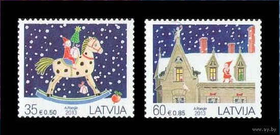 Латвия 2013, (494) Рождество. Новый год. Коты. Птицы, 2 марки **