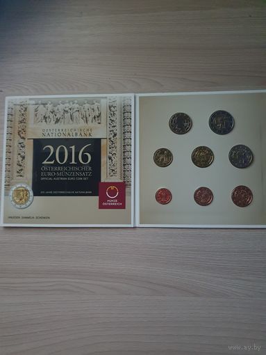Австрия 2016 г. Официальный набор монет евро от 1 цента до 2 евро (200-летие Национального банка Австрии) (8 монет; 3,88 евро)