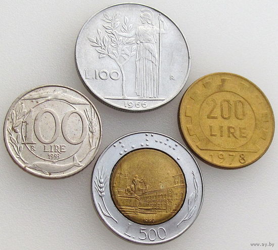 Италия, 4 монеты: 100 лир 1966, 100 лир 1993, 200 лир 1978, 500 лир 1990