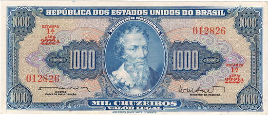 Бразилия, 1000 крузейро, 1962 г., аUNC, редкие