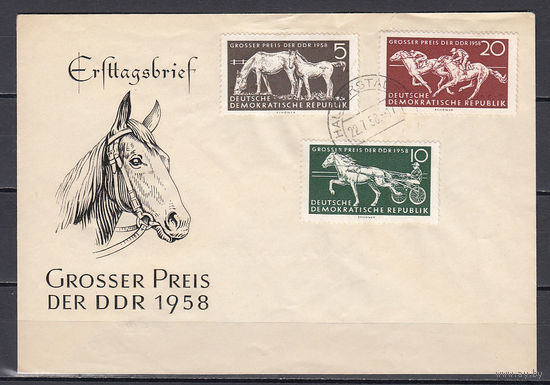Фауна. Лошади. ГДР. 1958. 3 марки на конверте, не прошедшем почту. Michel N 640-842 (6,0 е).