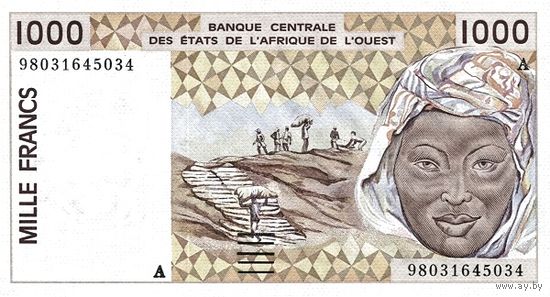 Кот д" Ивуар 1000 франков образца 1998 года UNC p111Ah