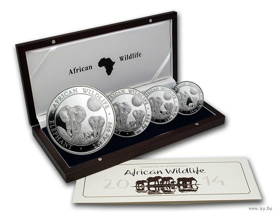 RARE Сомали 375 шиллингов 2014г. "Слоны. Proof набор 4 монеты". Монеты в капсулах; деревянном подарочном футляре; сертификат. СЕРЕБРО 116,65гр. (3,75oz).