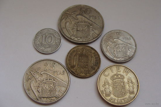 Испания.  набор 6 монет 10 сентимо 5, 10, 25, 50, 100 песет 1957-59-63-1983 год