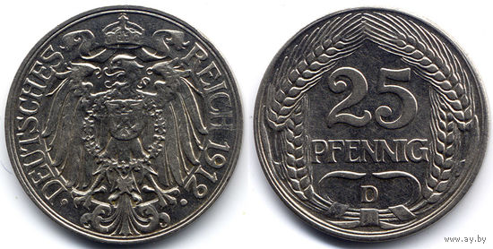 25 пфеннигов 1912 D, Германия, Мюнхен. Редкое коллекционное состояние!