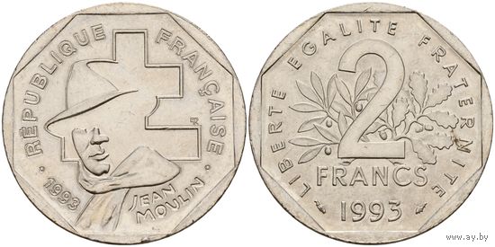 Франция 2 франка 1993 Жан Мулен UNC