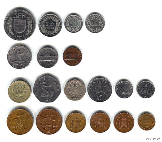 19 современных монет (Швейцария; США; Великобритания с о. Гернси). Все разные.