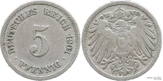 YS: Германия, Рейх, 5 пфеннигов 1901F, KM# 11