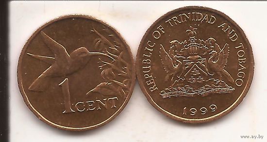 Тринидад и Тобаго 1 цент 1999 колибри птица фауна герб UNC