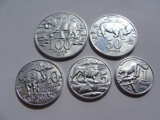 Катанга.(ДР Конго) Набор 5 монет = 1, 5, 10, 50, 100 франков 2017 год "Животные"