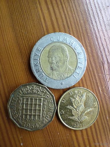Великобритания 3 пенса 1954, Хорватия 10 липа 2011, Турция 1 лира 2005 -43