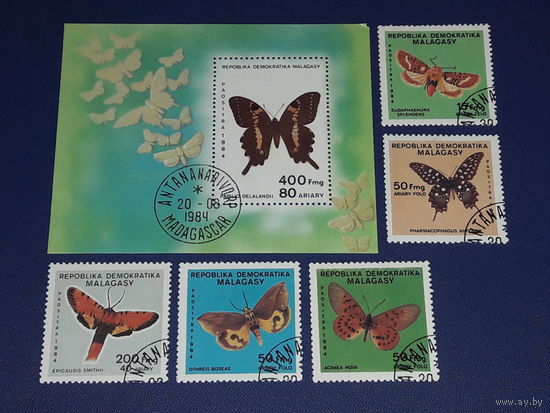 Мадагаскар (Малагаси) 1984 Фауна. Насекомые. Бабочки. Полная серия Блок + 5 марок