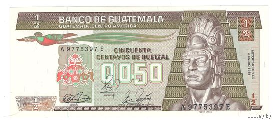 Гватемала 0,5 кетцеля 1989 года. Черная надпечатка года. Тип P 65. Нечастая! Состояние UNC!